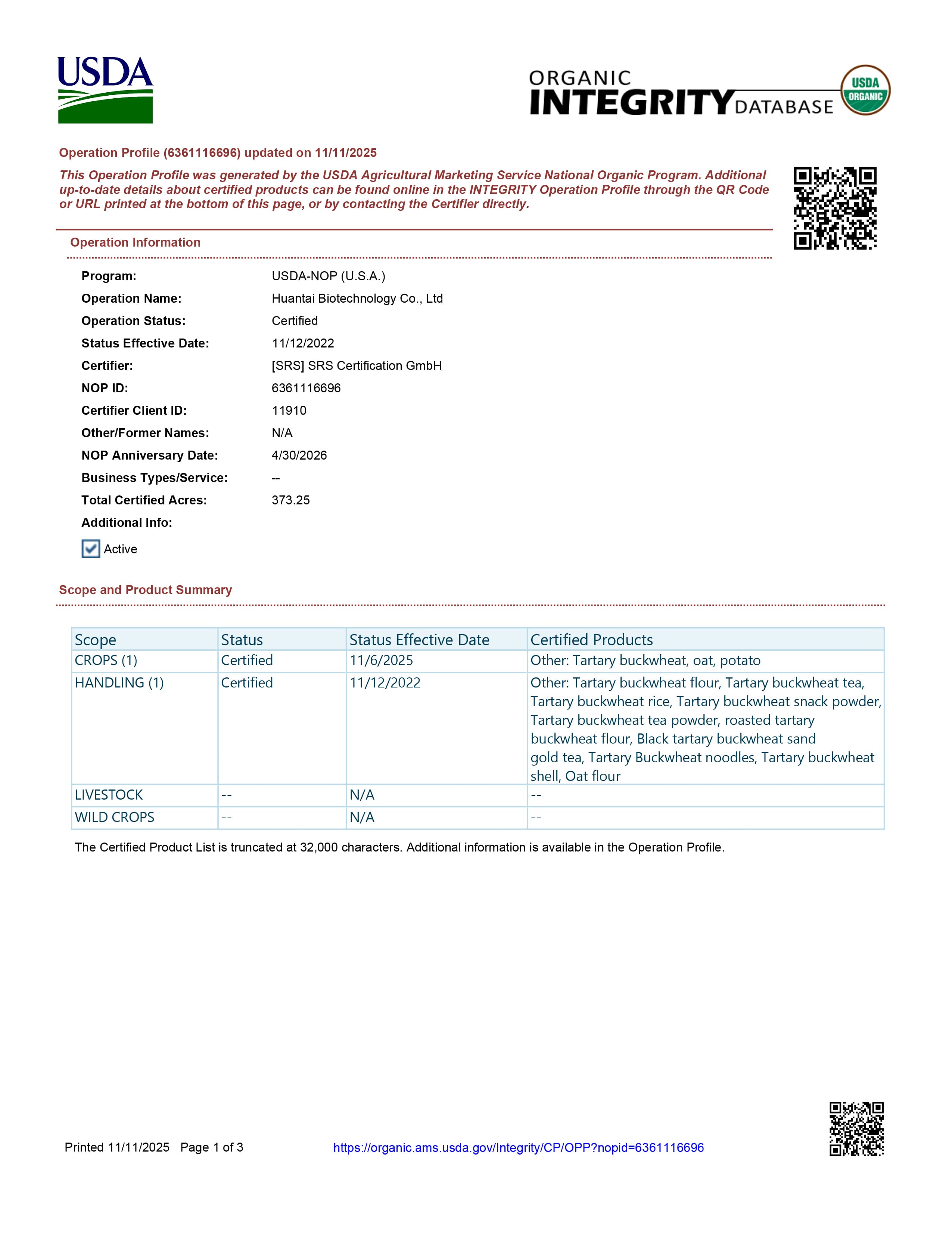 USDA certificate